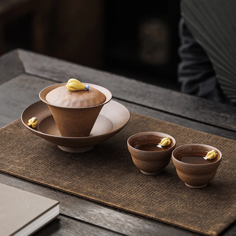 高档老岩泥手作盖碗茶具套装一壶两杯敦煌泡茶壶干泡茶器小套组