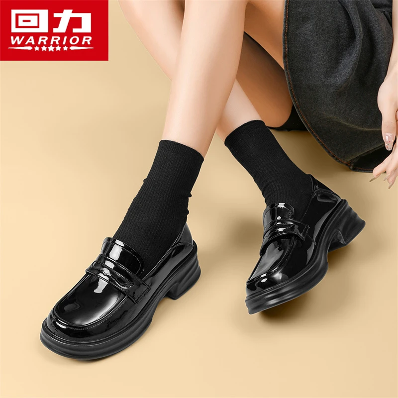 回力女鞋小皮鞋2024秋季新款黑色厚底一脚蹬单鞋百搭学院风乐福鞋