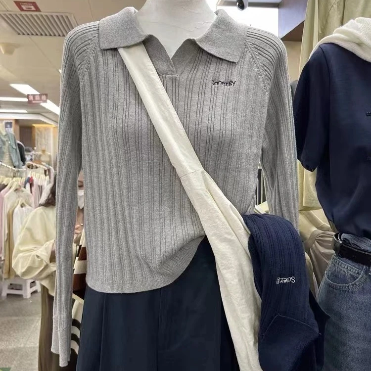 长袖Polo领针织打底内搭上衣女春秋季长袖针织衫显瘦时尚修身灰色