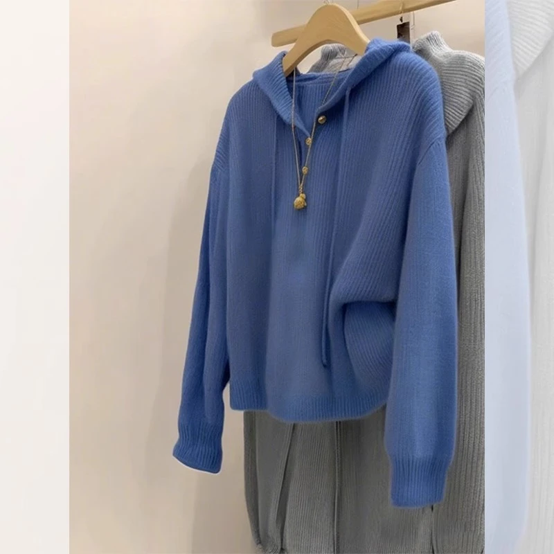 慵懒风高级感克莱因蓝连帽打底衫针织上衣纯色漂亮宽松女士外套秋