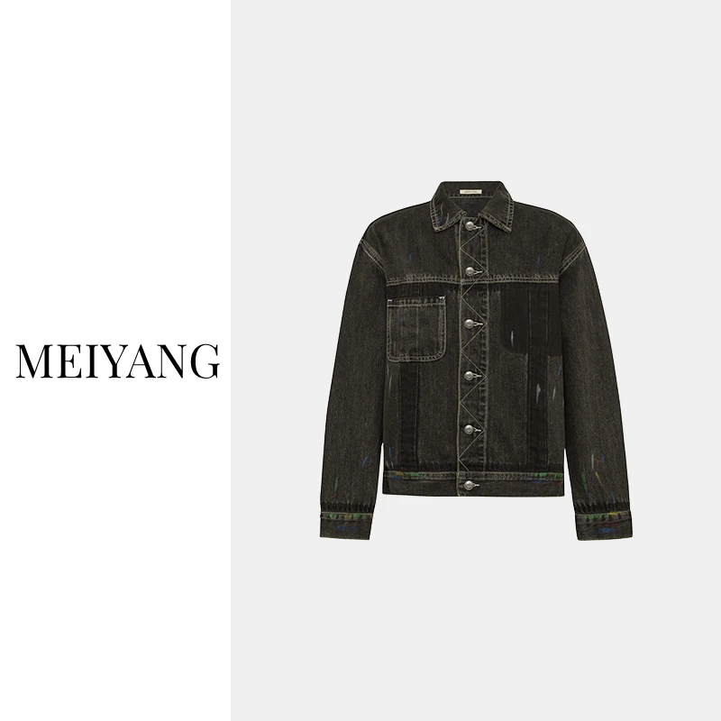 美洋MEIYANG彩色光斑牛仔黑面黑底五彩手绘|设计师涂鸦外套短款