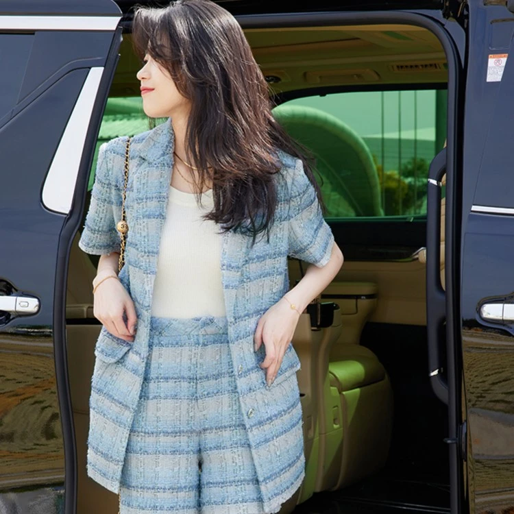 【现货】美洋MEIYANG蓝色大海花呢套装 优雅短袖西装外套短裤小香风