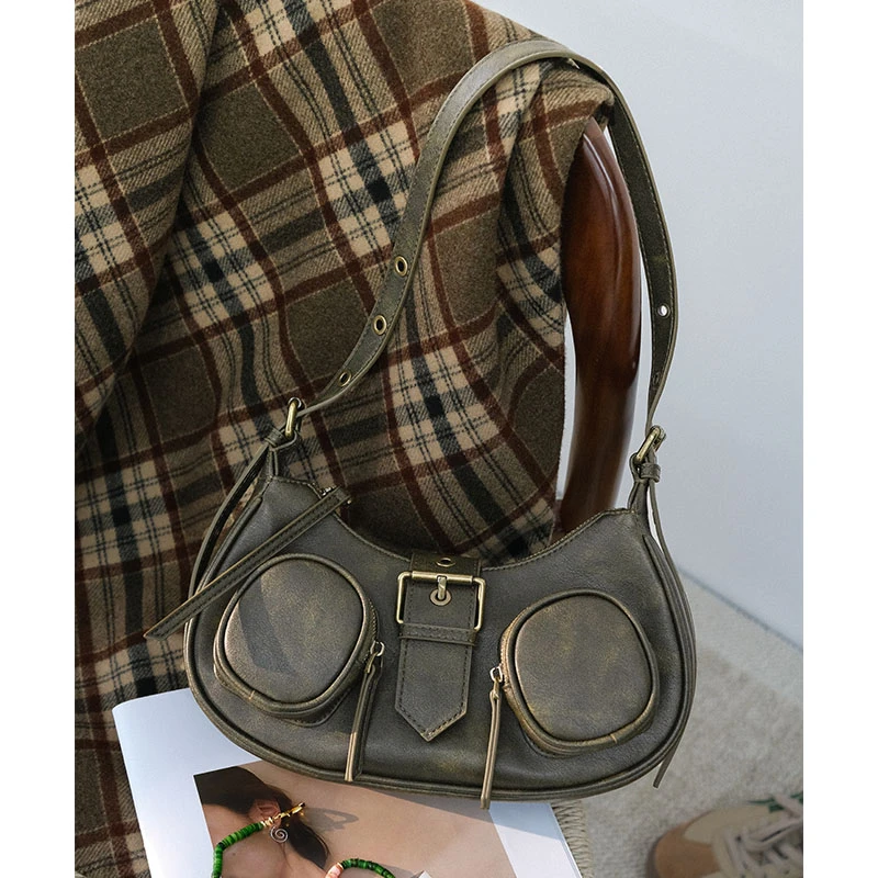 美洋MEIYANG 朋克腋下包 皮革*织物|复古机车可调节肩带单肩包