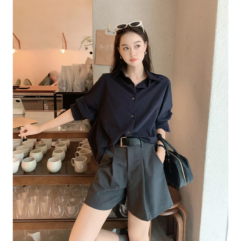 美洋MEIYANG黛青衬衫通勤休闲翻领贝壳扣宽松长袖衬衣外套现货