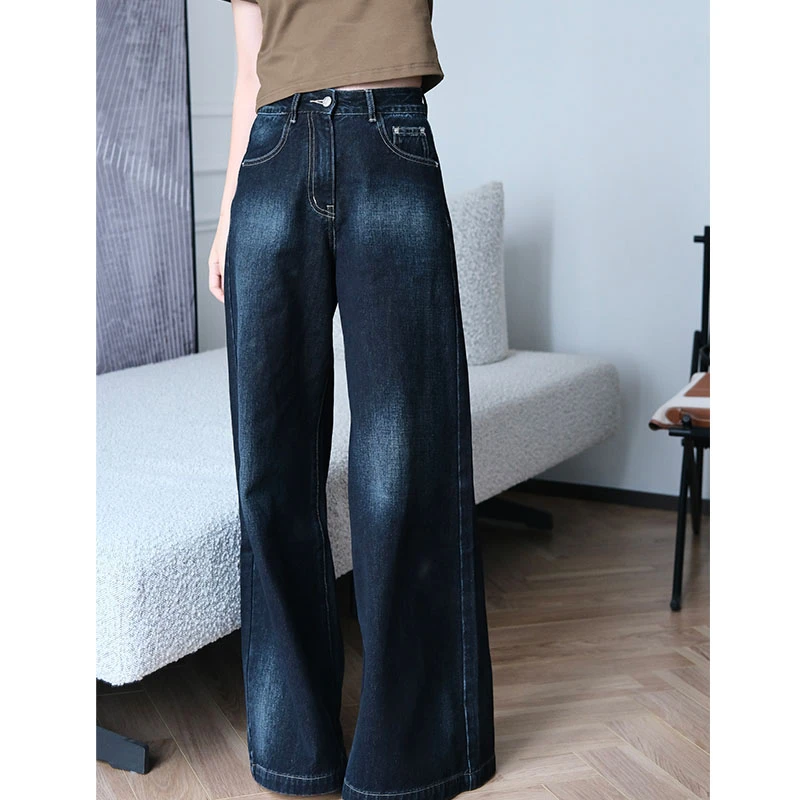美洋MEIYANG 梦中情人牛仔裤 手工擦砂|复古黑色高腰阔腿裤休闲裤