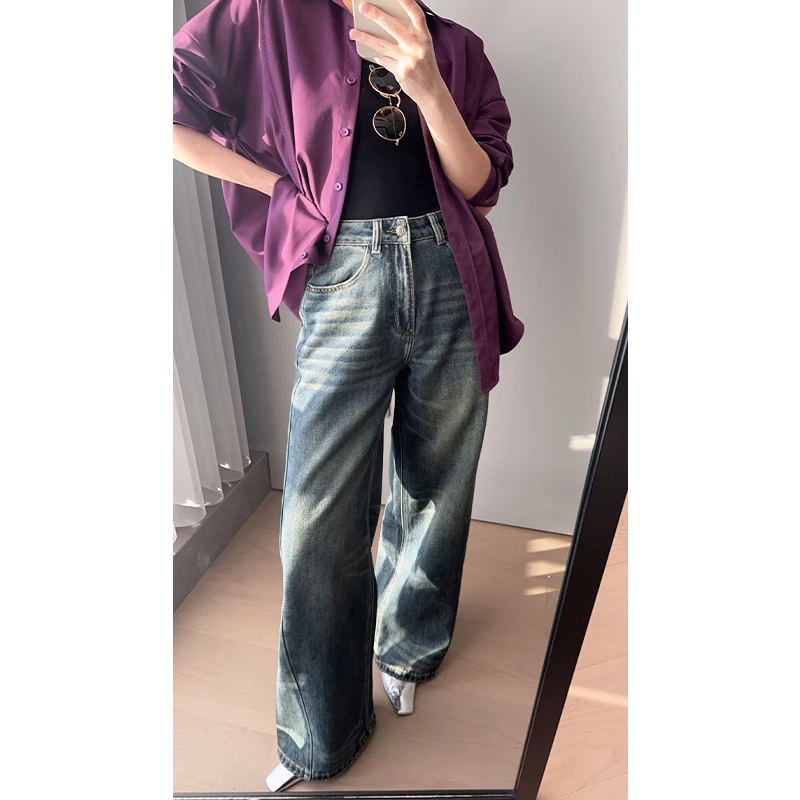 .美洋MEIYANG【60系列】纳米蓝牛仔裤 灰蒙洗水猫须做旧直筒阔腿裤