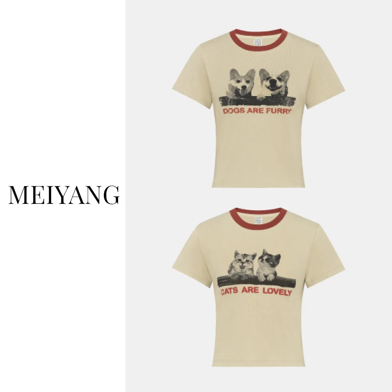 美洋MEIYANG 爱宠乐园T恤 俏皮减龄复古动物印花圆领修身短袖上衣