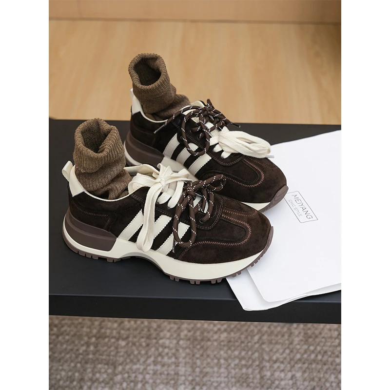 美洋MEIYANG 美式拉花老爹鞋 羊反绒|miu系撞色双鞋带厚底休闲鞋