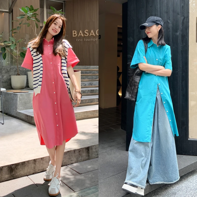 【尤莱特】美洋MEIYANG 桃花海衬衫裙 度假翻折休闲中长连衣裙夏季