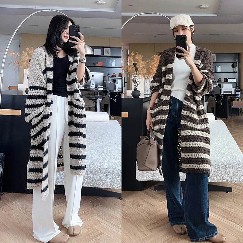 美洋MEIYANG 斑马针织开衫 1.5针羊毛混纺|条纹慵懒长/短款毛衣