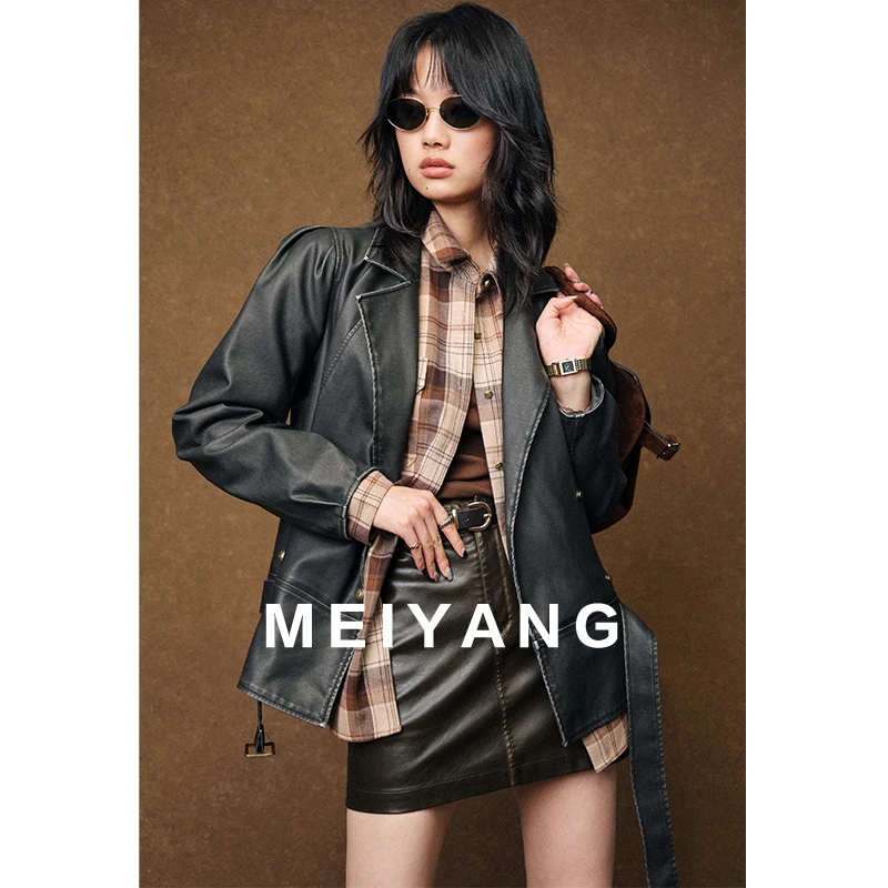 美洋MEIYANG勃肯特皮衣 渐变擦色*帅气双排扣机车夹克