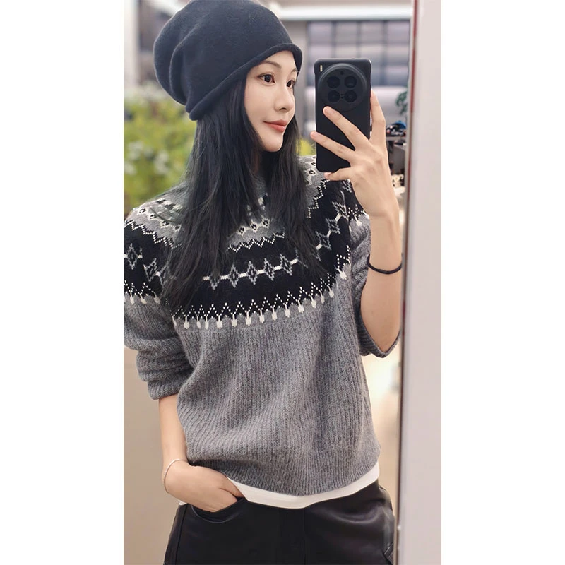 M美洋MEIYANG 坚果塔针织开衫 前后两穿！羊毛兔毛费尔岛提花毛衣