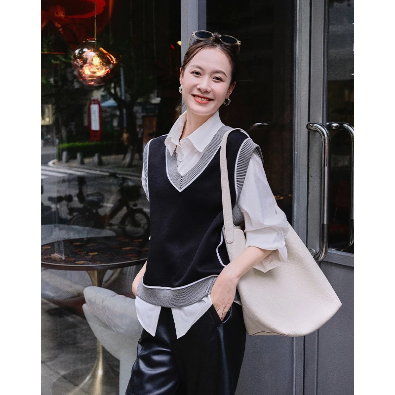 【现货】美洋MEIYANG芝麻酥马甲双面空气层复古罗纹拼接撞色V领背心