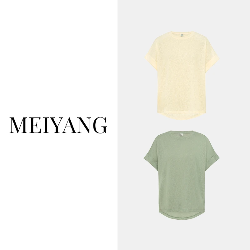【现货】美洋MEIYANG夏日竹林T恤仿麻极简百搭袖口翻边圆领上衣