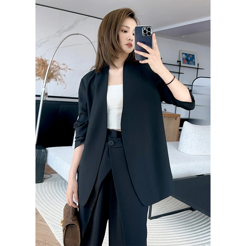 美洋MEIYANG 墨尔本西装 无领直筒通勤V领西服外套春秋显瘦休闲