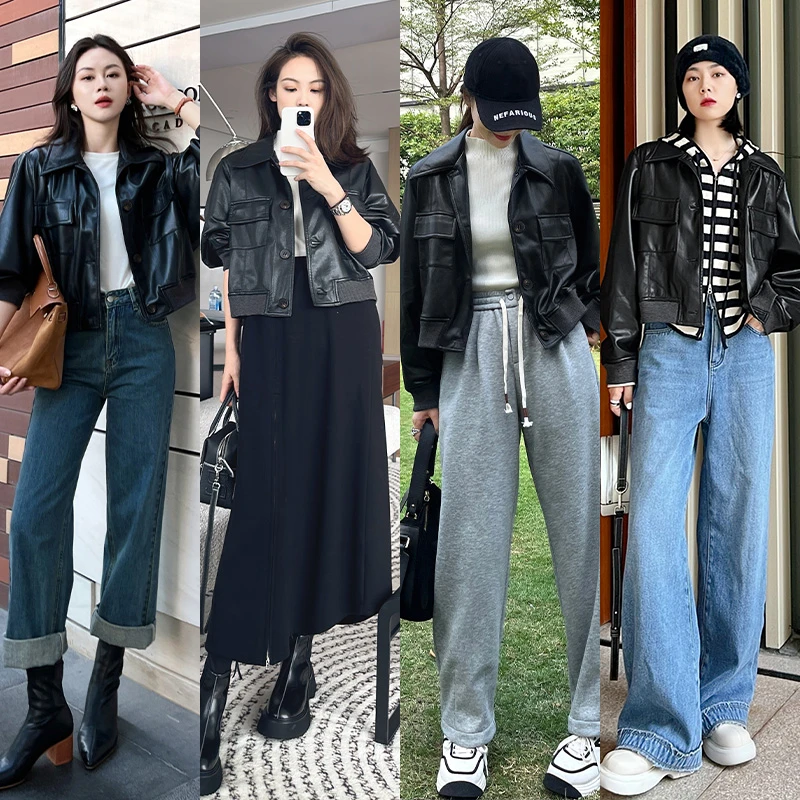 美洋MEIYANG慕尼黑显瘦复古做旧短外套长袖皮衣皮夹克皮衣女外套