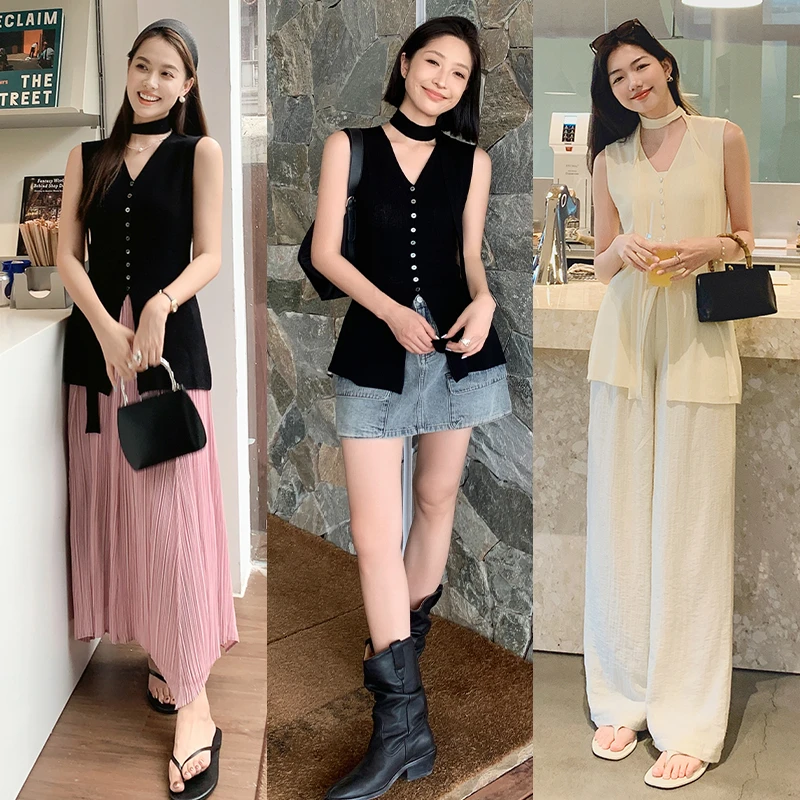 美洋MEIYANG 戴妃针织衫 天丝坑条|摩登复古_飘带V领开叉无袖马甲