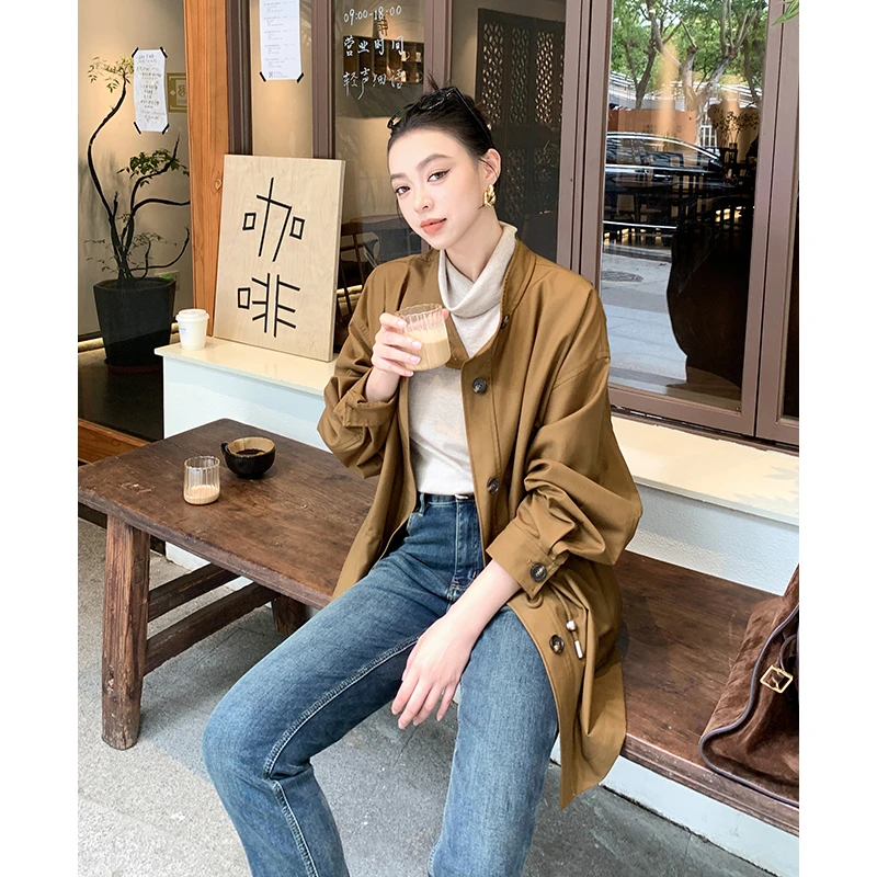 T美洋MEIYANG 秋野外套 雅丹风显白宽松休闲抽绳立领排扣风衣夹克