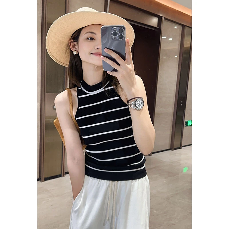 【现货】美洋MEIYANG 曲线美背心 黑白撞色条纹修身削肩针织内搭