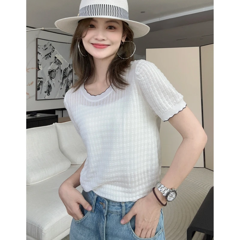 【现货】美洋MEIYANG 茉莉公主针织衫文艺丝棉波浪领短袖修身上衣