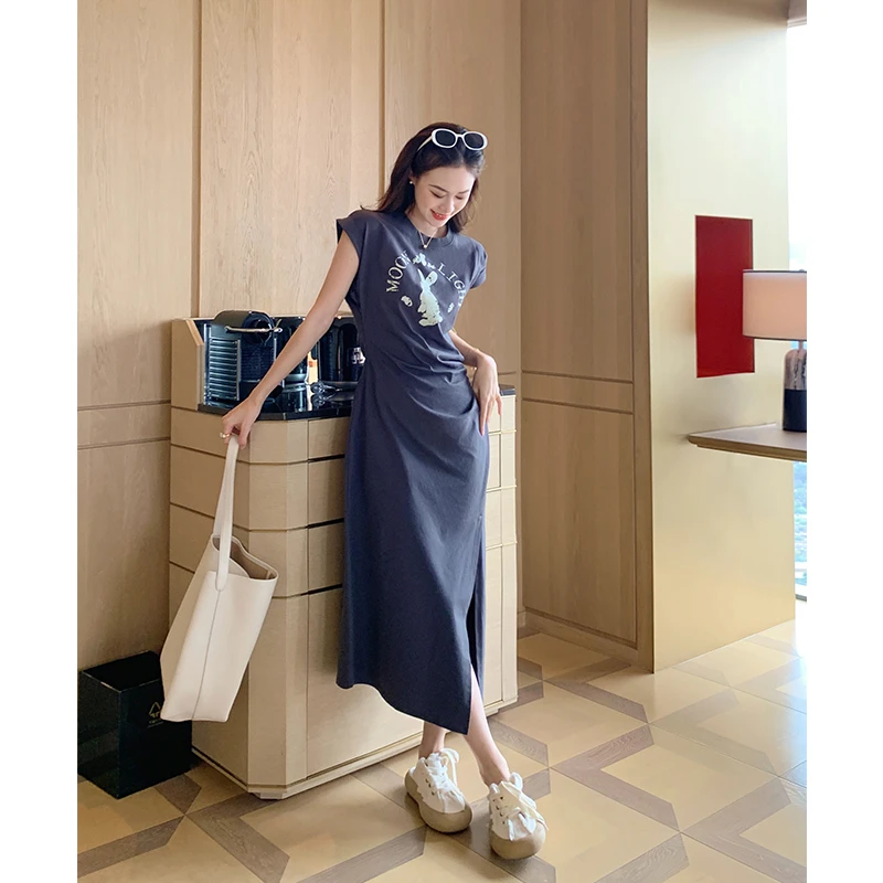 美洋MEIYANG 奔月兔连衣裙 精梳棉字母印花圆领短袖褶皱收腰T恤裙