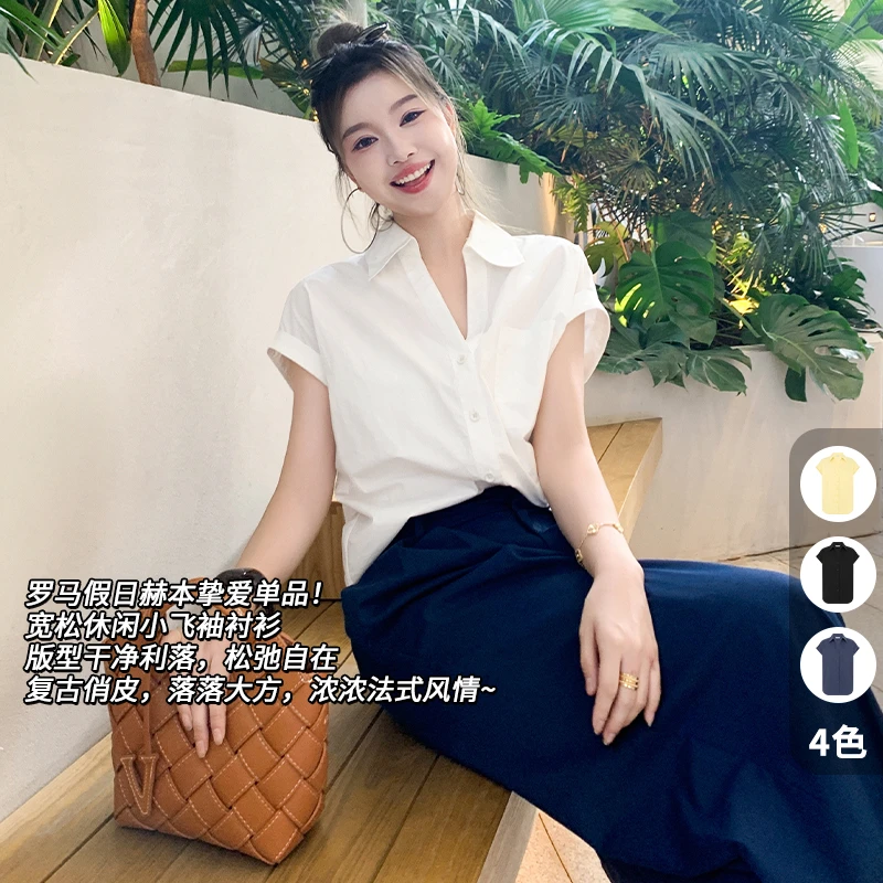 M美洋MEIYANG 小清新衬衫 法式度假_翻领休闲宽松小飞袖背心衬衣