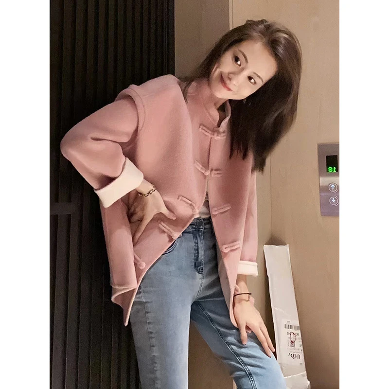 M美洋MEIYANG梅里雪山时尚大衣短款粉色气质定制款新中式双面呢