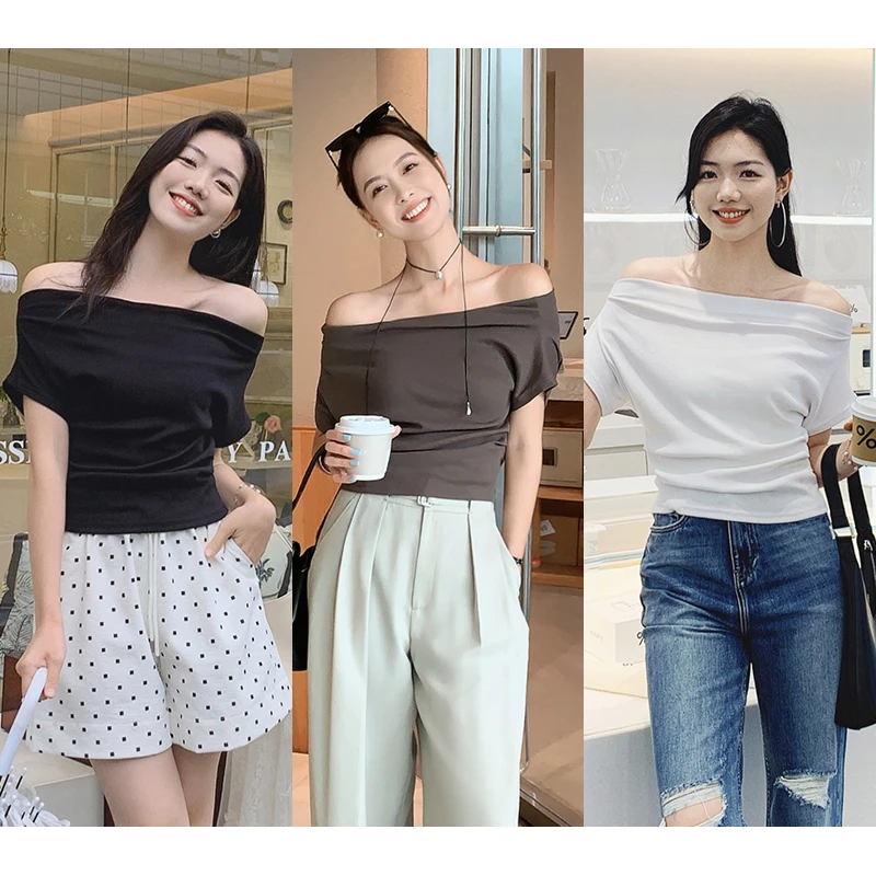 美洋MEIYANG【现货】大美人T恤 气质一字肩收腰弹力修身短袖上衣