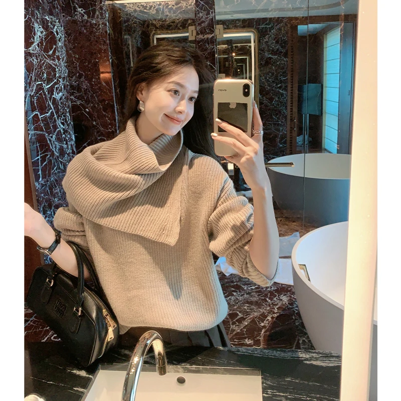 美洋MEIYANG 燕麦围脖毛衣 绵羊毛混纺|可拆卸围脖宽松V领针织衫