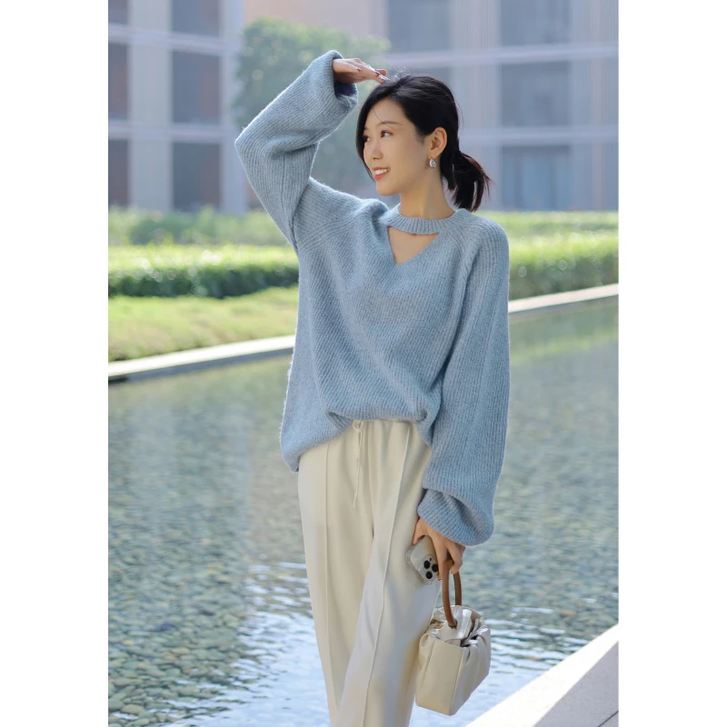 【小苏打 现货】小众设计感镂空蓝色毛衣