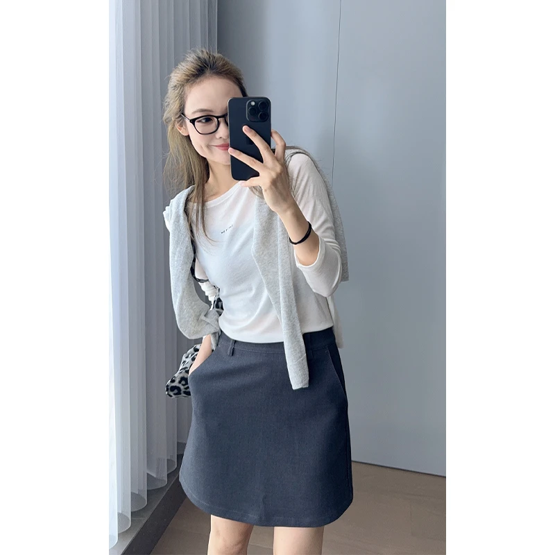 美洋MEIYANG 灰调半裙 仿羊毛|简约百搭高腰口袋拉链A字半身短裙