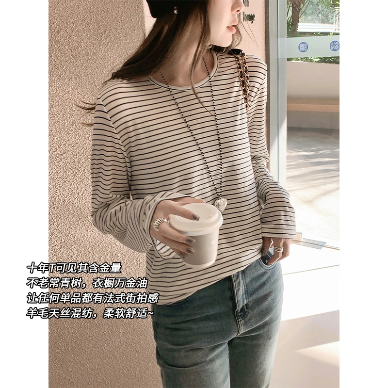 美洋MEIYANG 十年T 天丝羊毛混纺|法式街拍~条纹圆领宽松长袖T恤