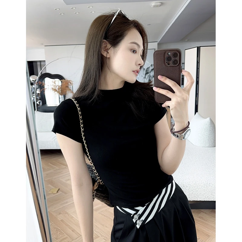 美洋MEIYANG卡戴珊辣妹T恤气质小修身夏季短款上衣纯色显瘦百搭