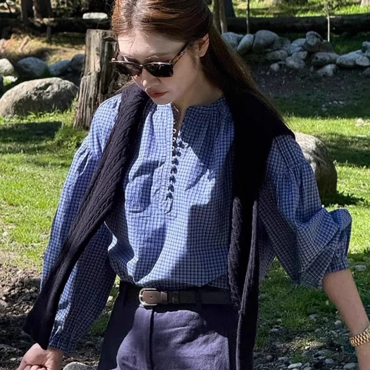 9921流行蓝色格子百搭衬衫女秋季2025新款独特超好看上衣薄款衬衣
