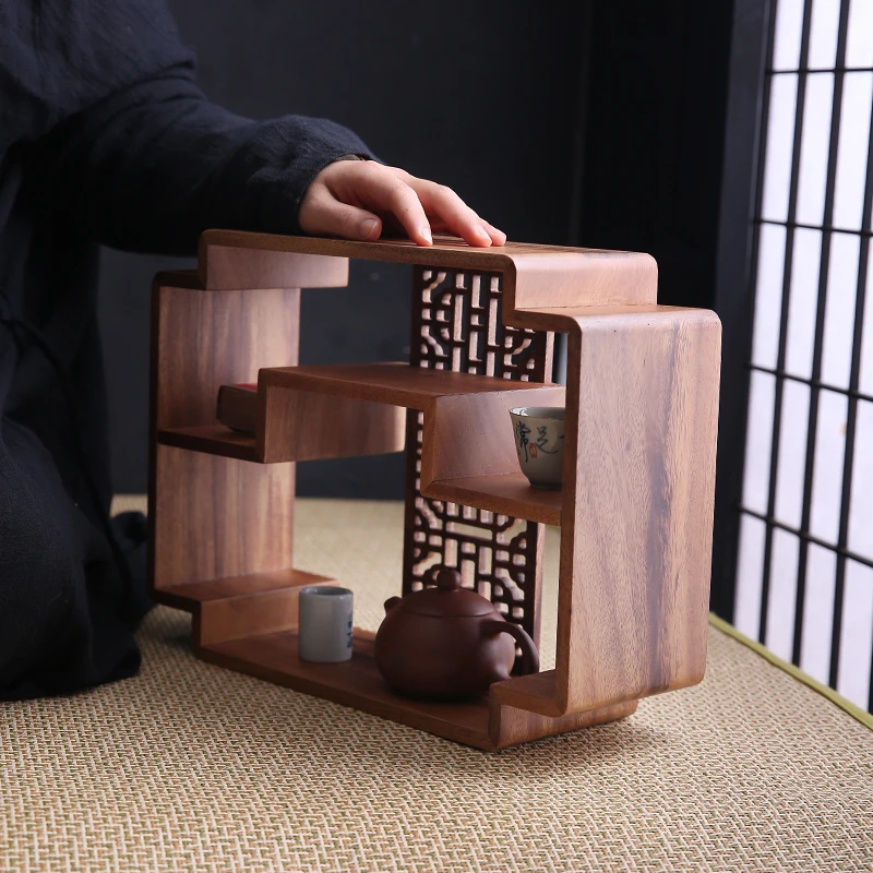 土焱传简约茶壶茶杯架茶具收纳柜桌面展示架博古架小型置物架中式