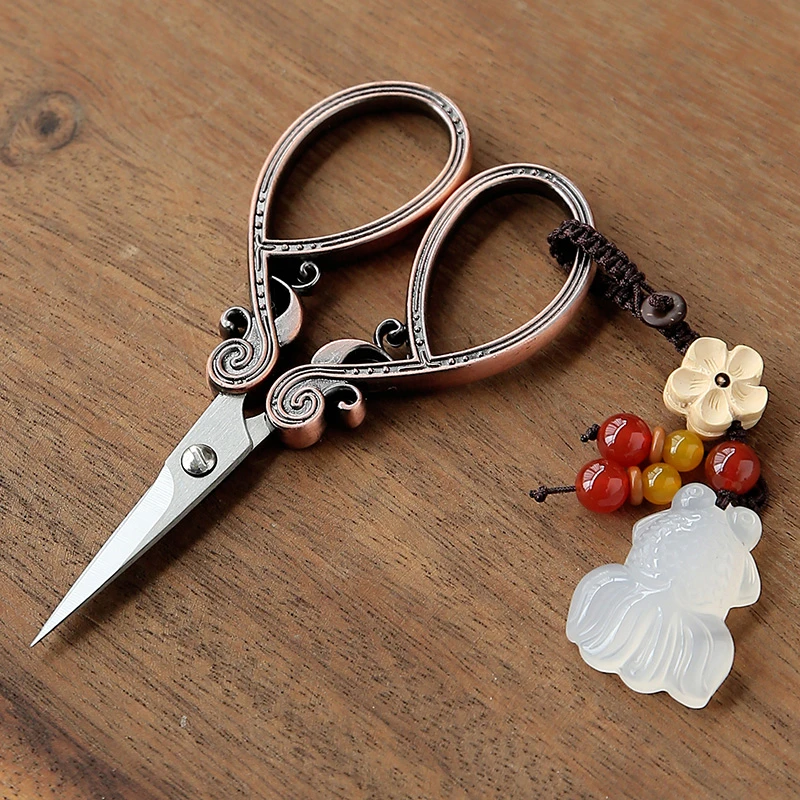 日式复古茶具配件功夫茶道茶叶袋茶剪刀创意茶艺师带玉吊坠小剪刀