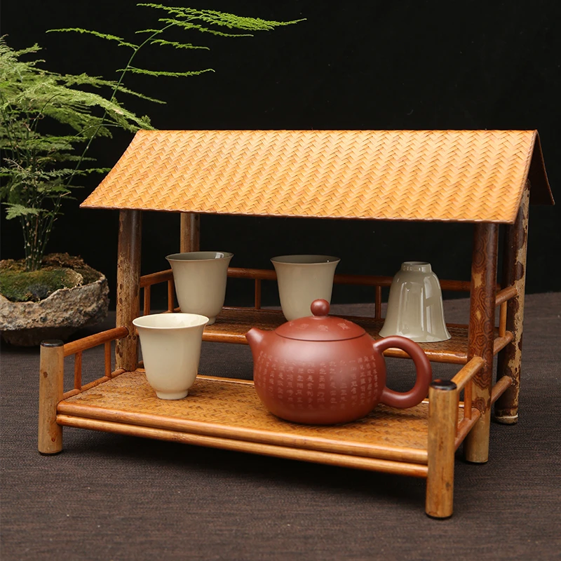 中式围炉煮茶禅意梅鹿竹茶棚茶台屋檐摆件收纳柜博古架双层茶杯架