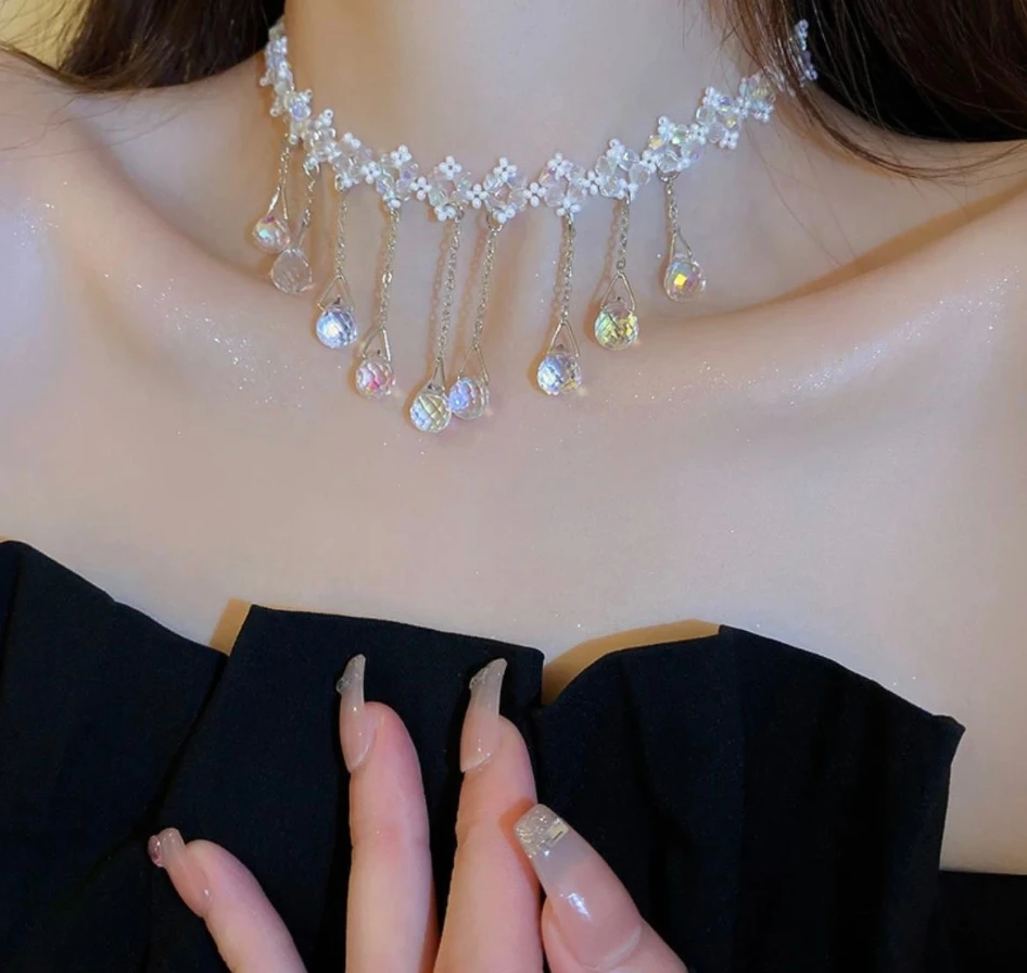 铜合金合成锆石项链  高端气质唯美流苏项链