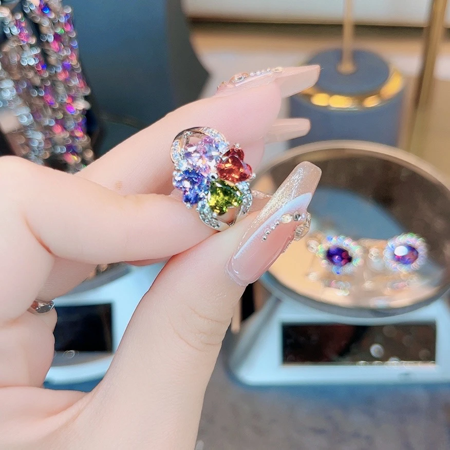 铜合金锆石戒指 3008紫色四叶草开口戒指