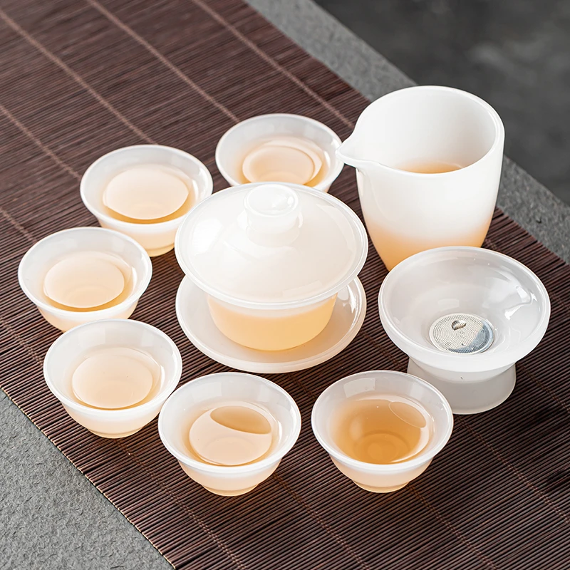 琉璃茶具套装简约创意家用办公室功夫盖碗斗笠杯带过滤整套泡茶器