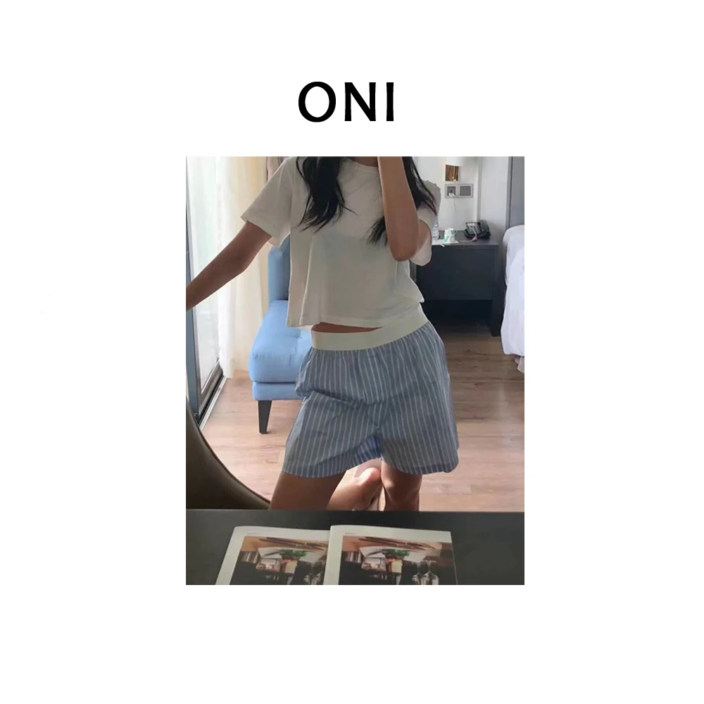 OUNI “ 条纹派对 “ ins~ 高腰拼接撞色条纹休闲短裤女-