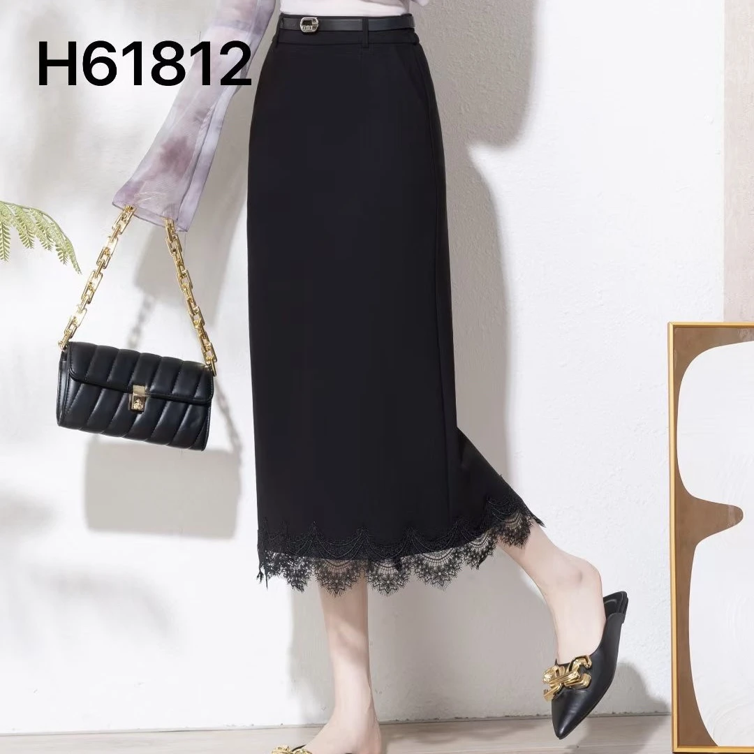 歌哥优质轻奢秋冬新款蕾丝花边气质包臀微弹黑色女装半裙送腰带