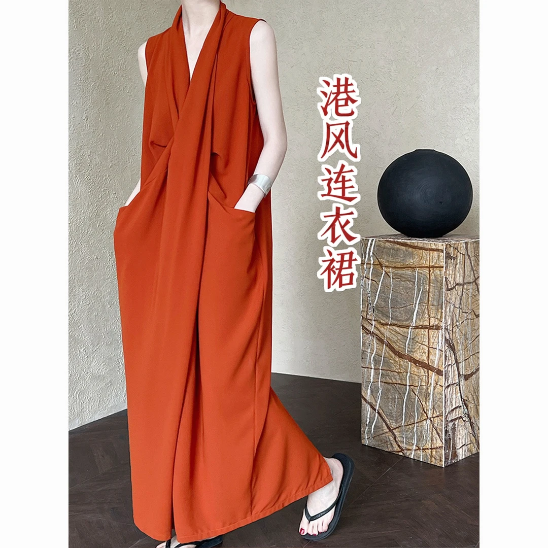 气质V领无袖扭结收腰小众连衣裙 显瘦不规则高级港风长裙子时尚女