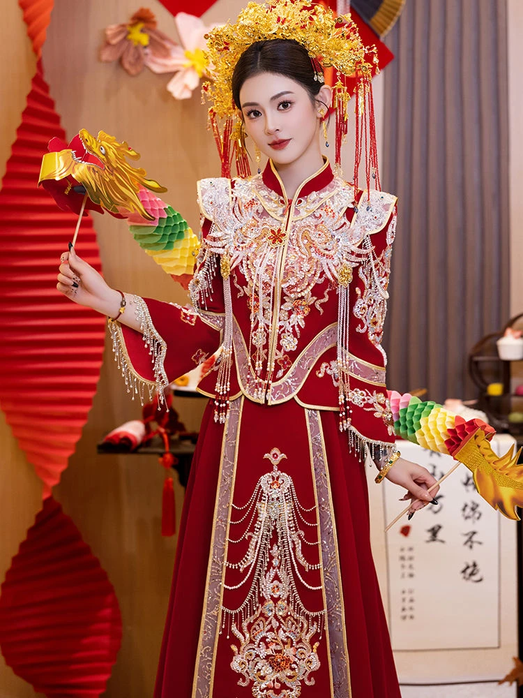 秀禾服2024新款丝绒高级重工中式新娘服结婚龙凤褂嫁衣敬酒服秀禾