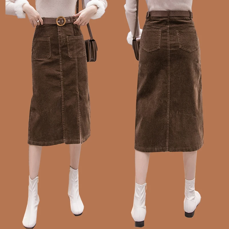 棕色灯芯绒半身裙女秋冬欧货高腰过膝a字包臀裙复古开叉一步长裙