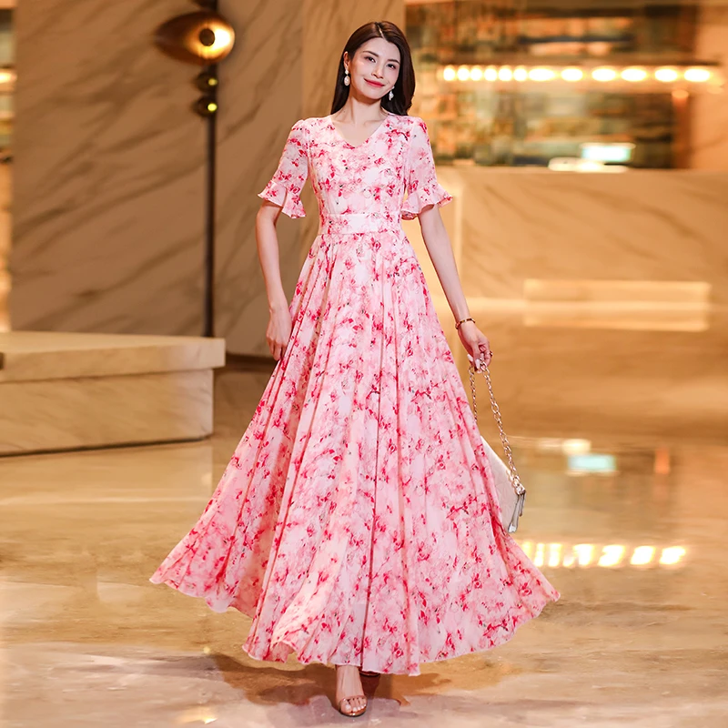 锦绣媛新款雪纺碎花连衣裙女夏季大摆裙子长款沙滩裙海边度假长裙