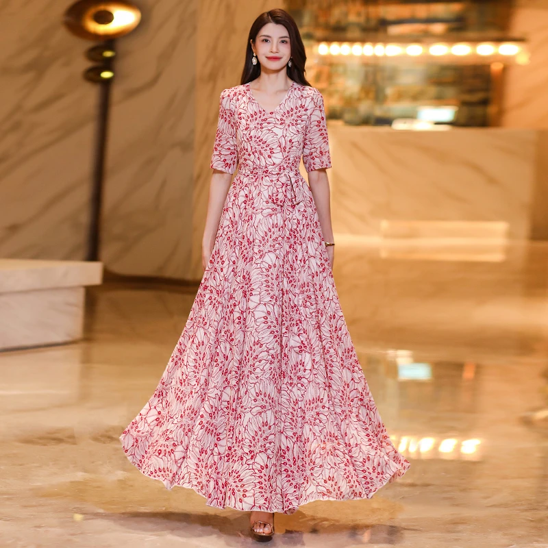 锦绣媛新款雪纺碎花连衣裙女夏季大摆裙子长款沙滩裙海边度假长裙