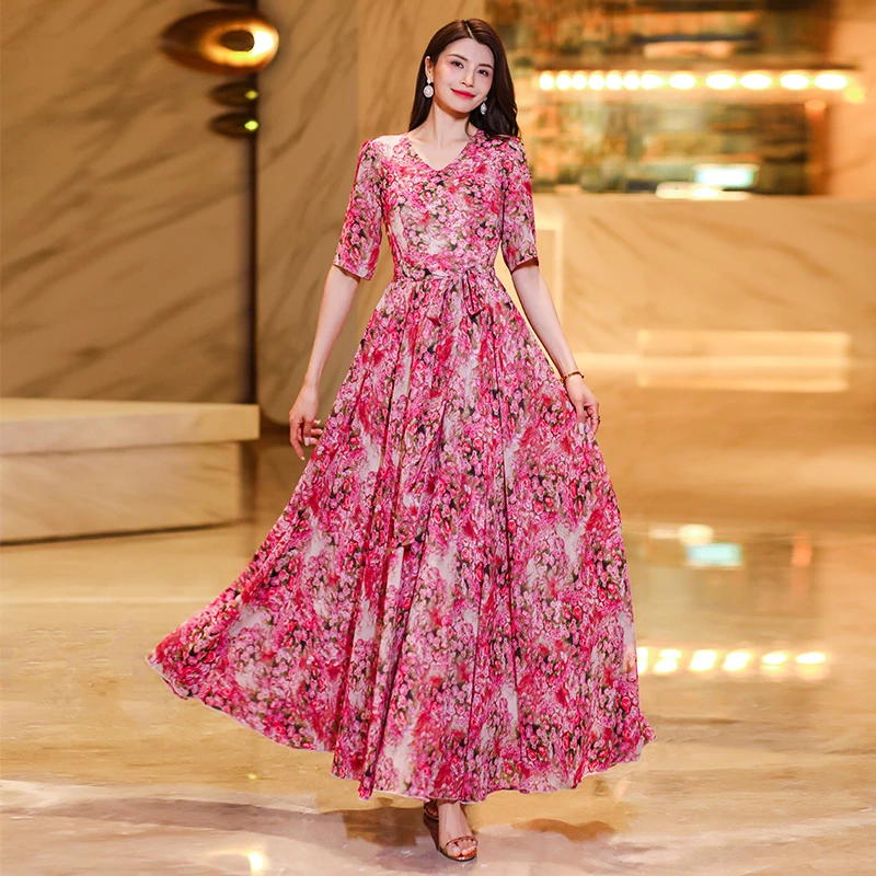 锦绣媛新款雪纺碎花连衣裙女夏季大摆裙子长款沙滩裙海边度假长裙
