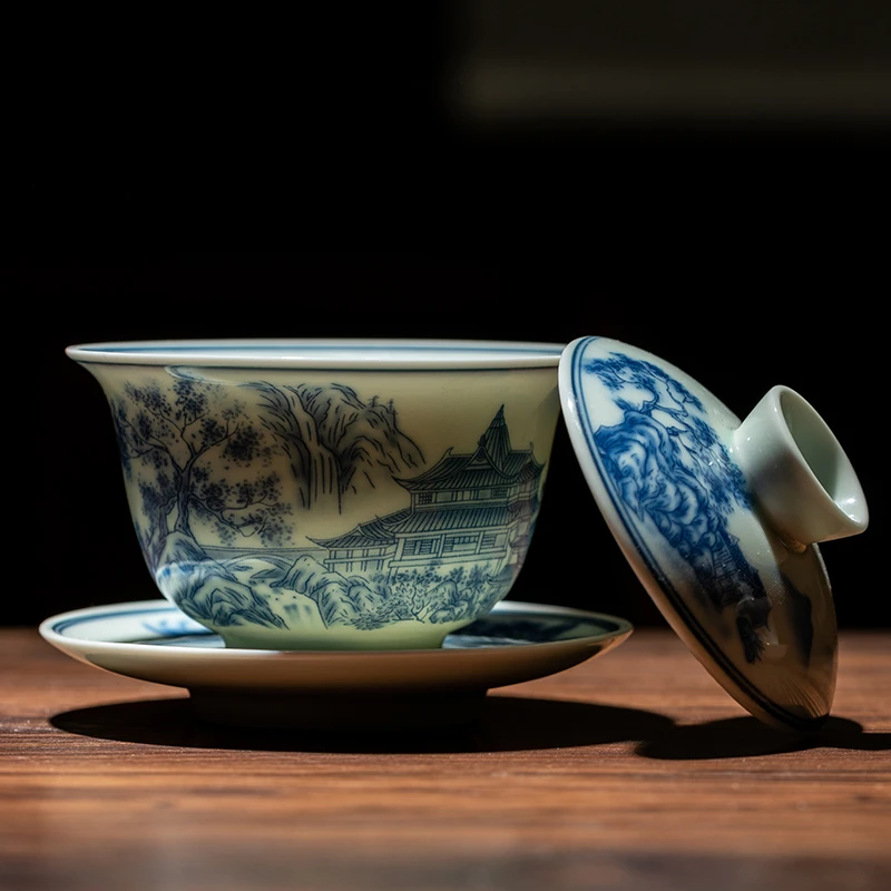 青花山水盖碗仿古复古单盖碗家用功夫茶具青花瓷中式瓷盖碗带盖款
