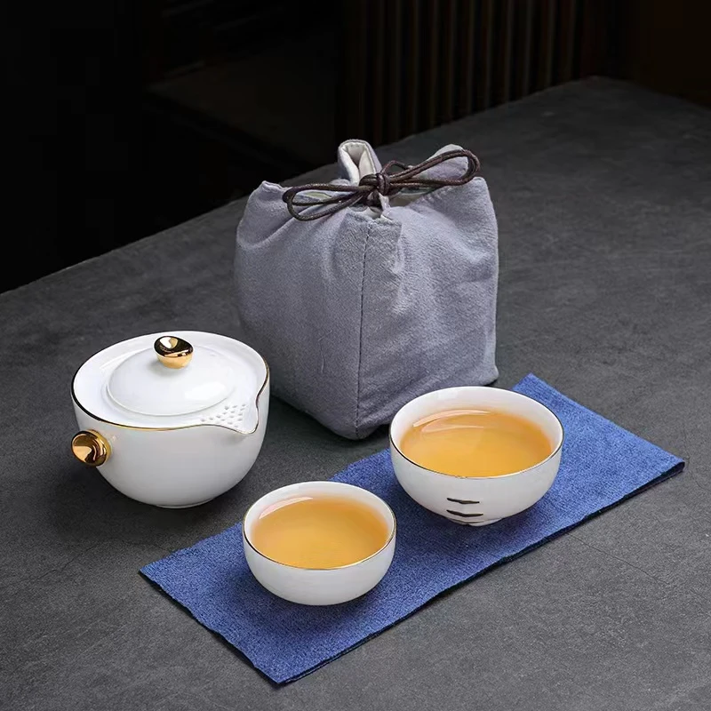一壶两杯旅行茶具高端羊脂玉描金白瓷简约便携外随身快客杯茶具
